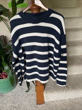 Banana Republic Coastal Navy and White Striped Crewneck Sweater